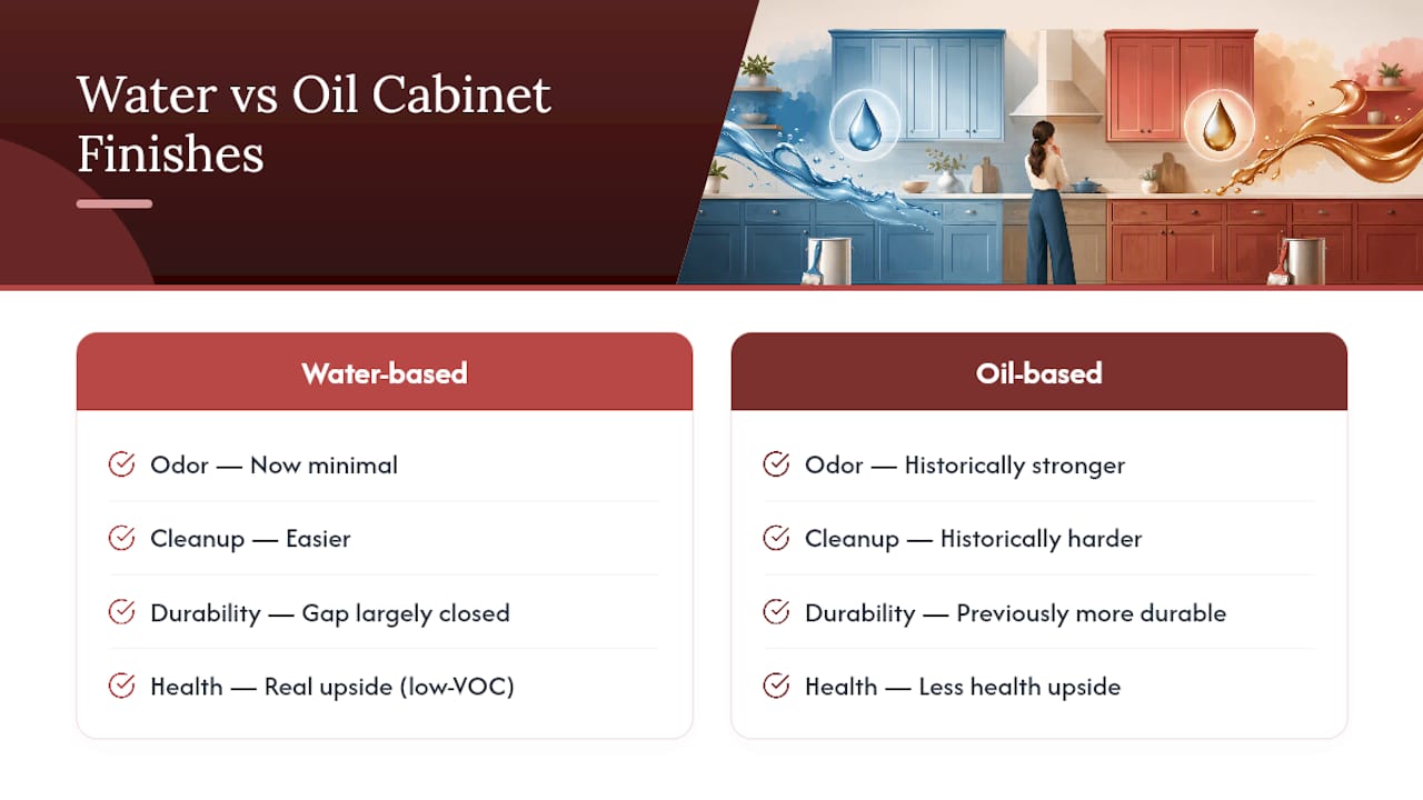 Comparison diagram: water-based vs oil-based cabinet coatings