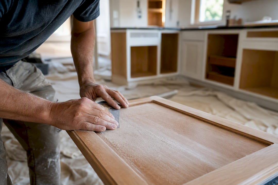 Sanding cabinet surface between finish coats