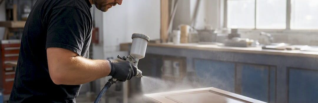 Professional spraying multi coat finish on cabinet door