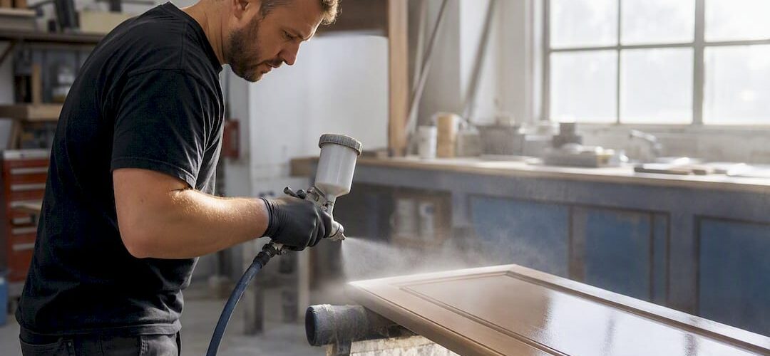 Professional spraying multi coat finish on cabinet door