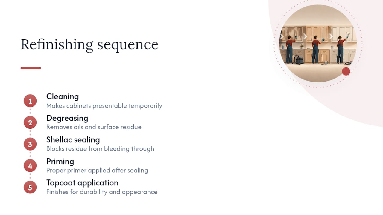 Diagram of smoke-stained cabinet refinishing steps
