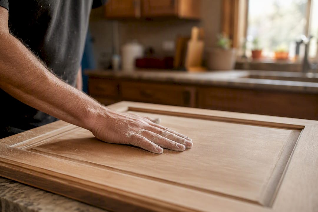 Hand checking cabinet door smoothness after sanding
