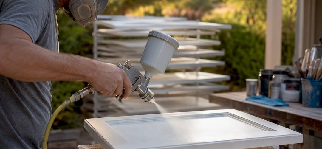 Hand spraying cabinet door with HVLP gun