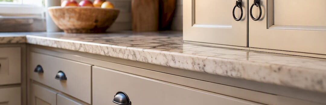 Close-up of family kitchen cabinet hardware at different heights
