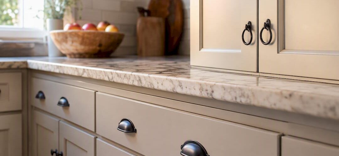 Close-up of family kitchen cabinet hardware at different heights
