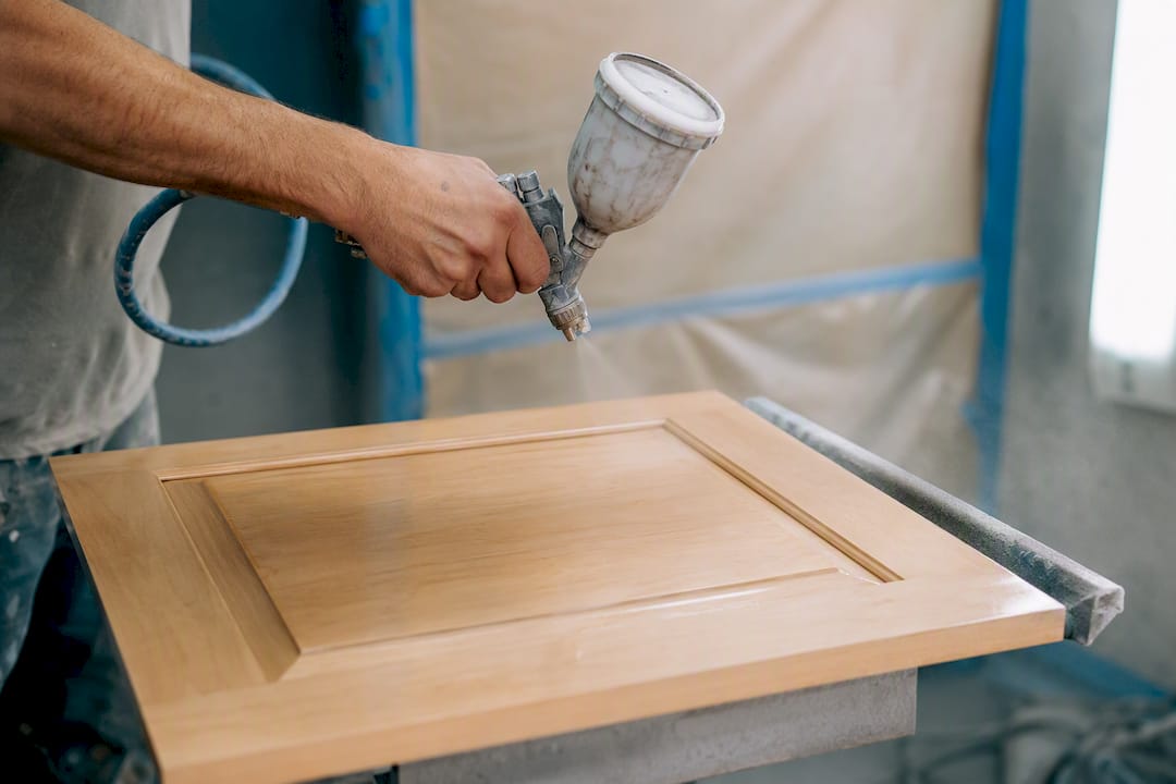 Hand spraying paint on maple cabinet door