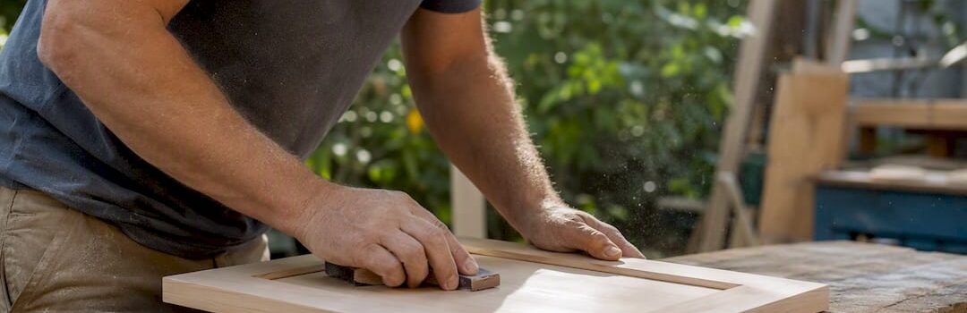 Hands sanding maple cabinet door