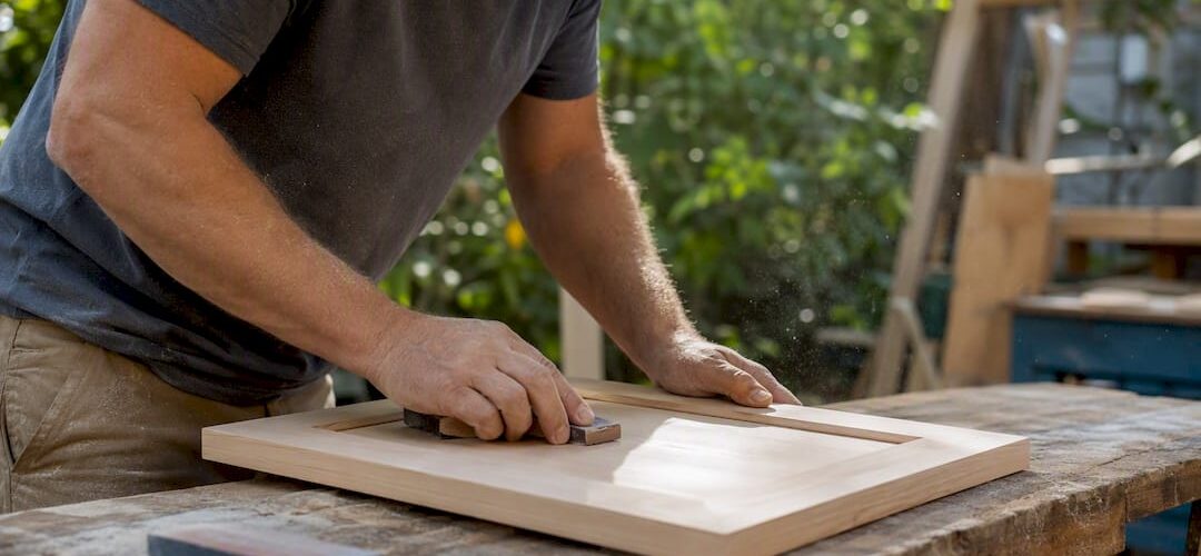 Hands sanding maple cabinet door