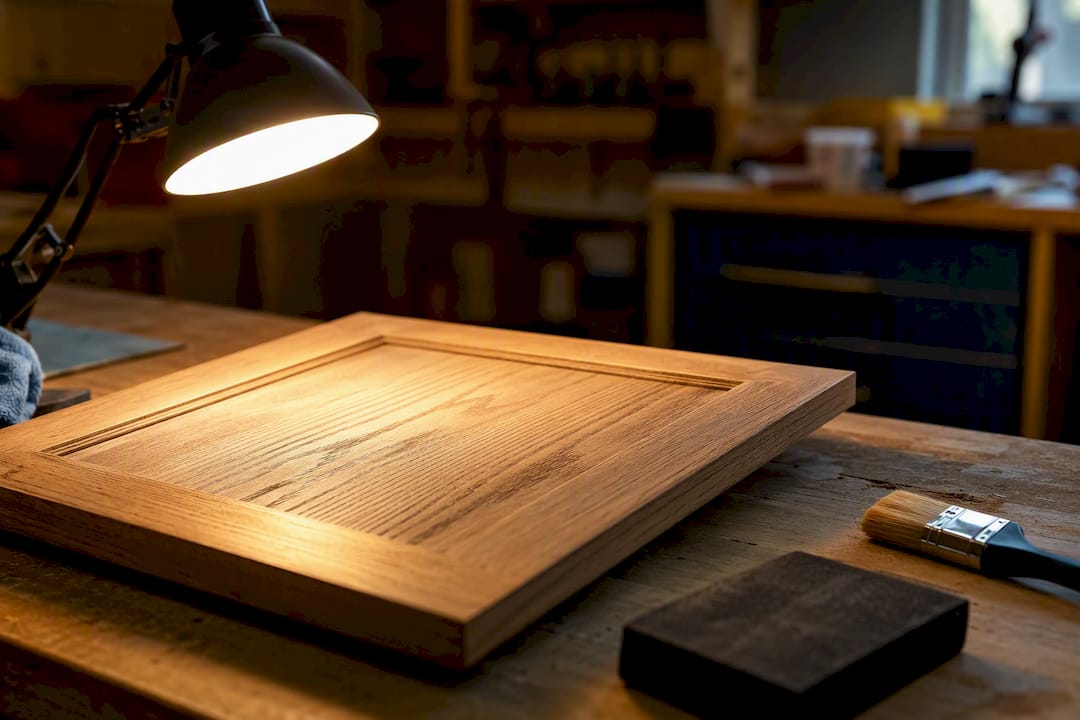 Clamp lamp casting raking light on cabinet panel