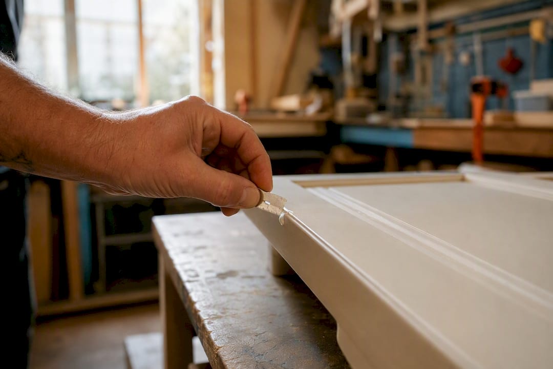 Hand scraping paint drip from cabinet door edge