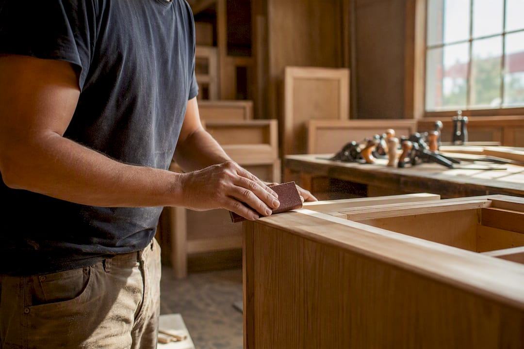 Hands sanding cabinet edges before glazing