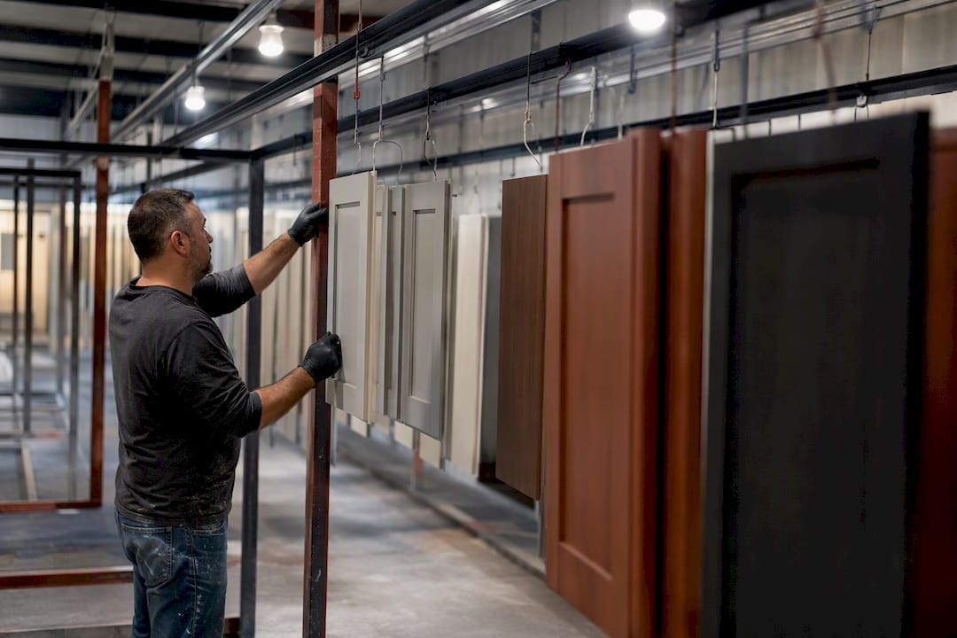 Cabinet doors drying in professional finishing room