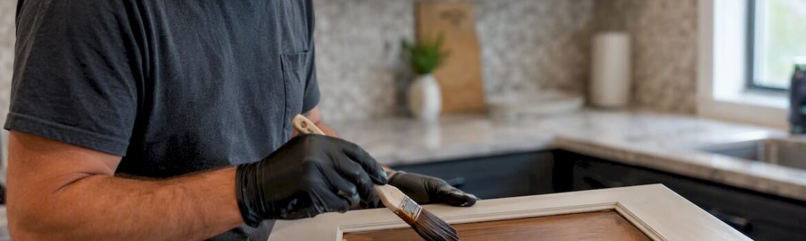 Hand brushing glaze on kitchen cabinet door