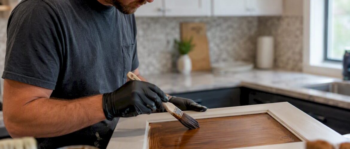 Hand brushing glaze on kitchen cabinet door