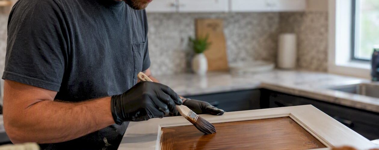 Hand brushing glaze on kitchen cabinet door
