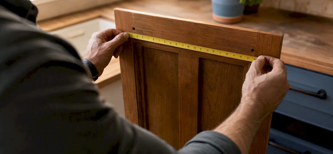 Hands measuring cabinet hardware hole distance