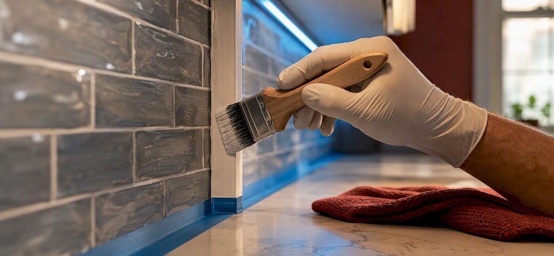 Painting cabinet edge beside backsplash tile