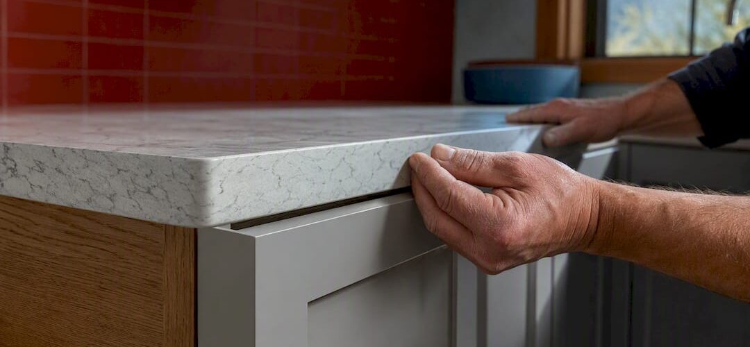 Fresh cabinet finish beside countertop installation