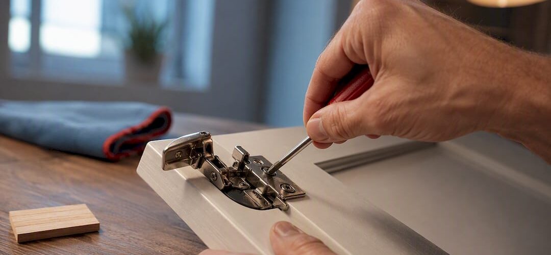 Hands adjusting a concealed cabinet hinge