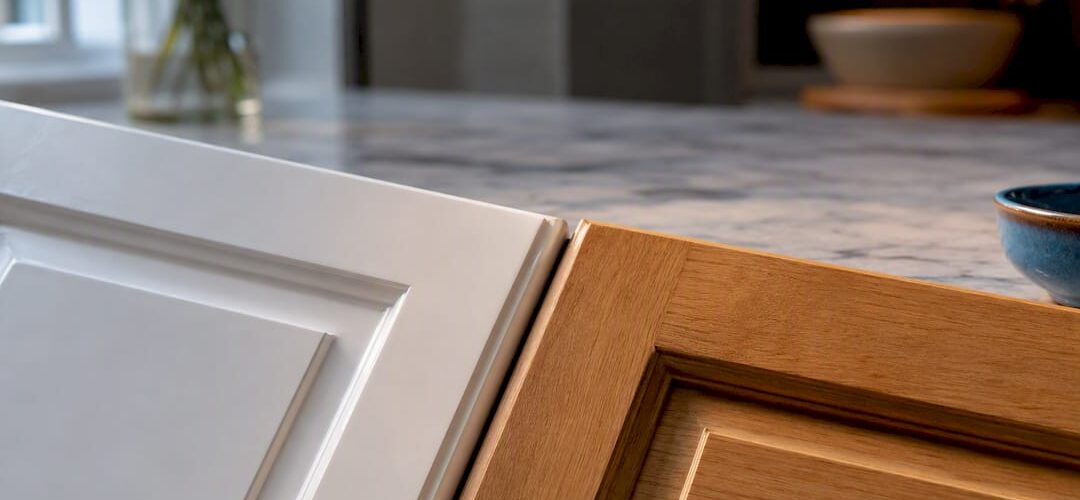 White and wood cabinet finishes in contrasting light