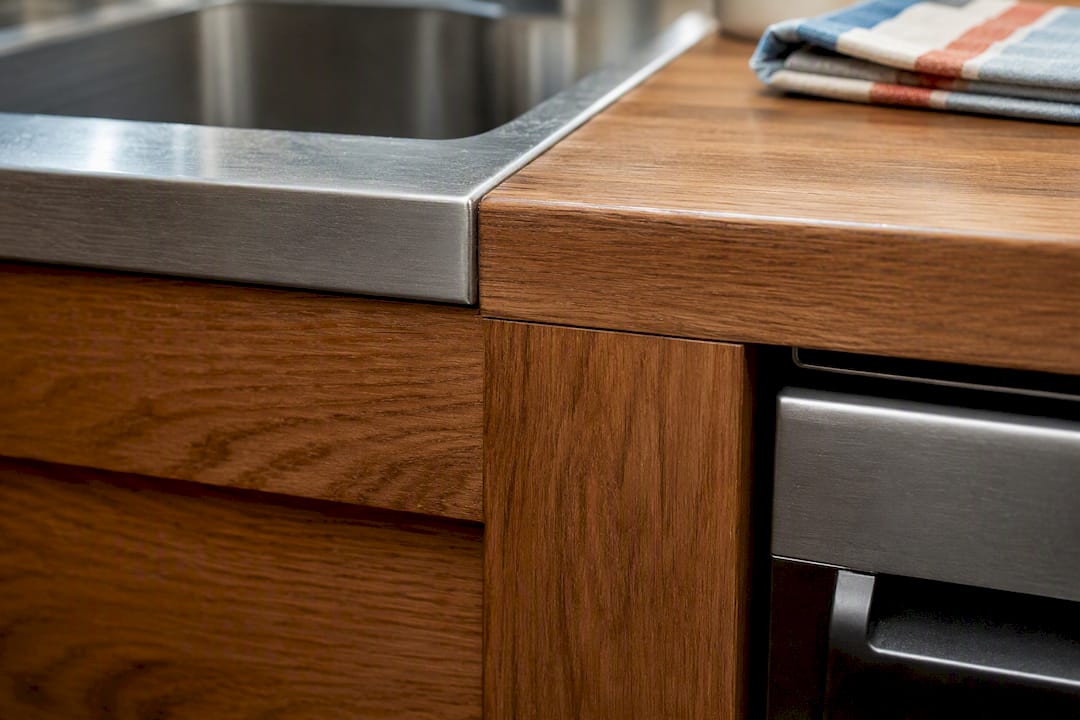 Sealed wood cabinet seam beside kitchen sink