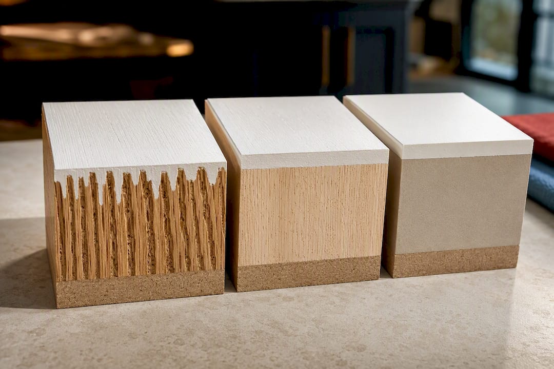 Illustrated comparison of oak maple and MDF grain