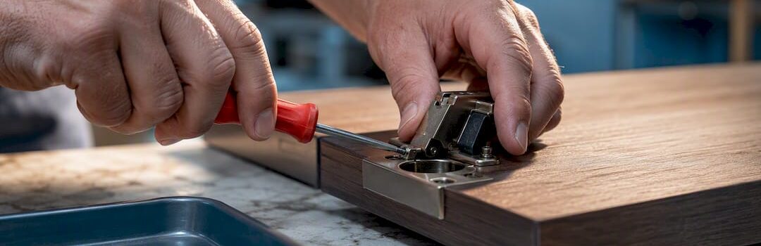 Technician removing soft-close hinge before refinishing