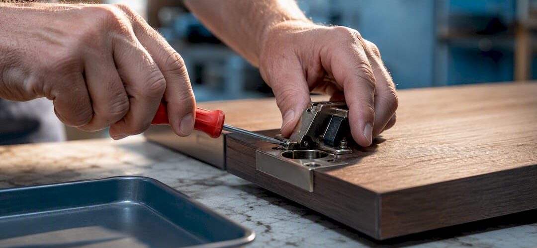 Technician removing soft-close hinge before refinishing