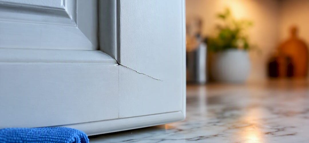 Cracked paint at a cabinet door corner