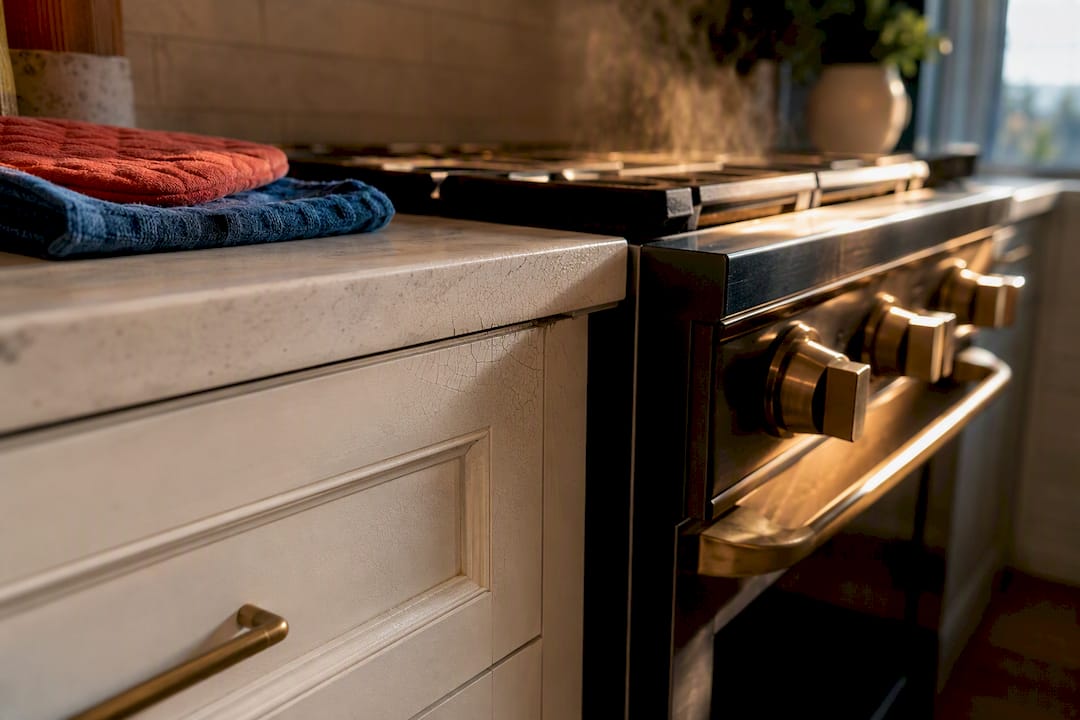 Cabinet finish beside a heat-exposed range