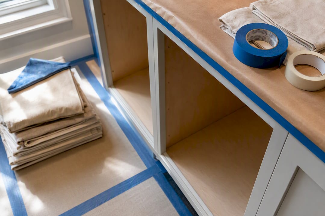 Drop cloths protecting kitchen surfaces