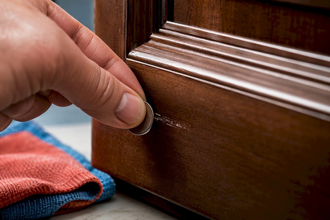 Coin testing a cabinet finish for flaking