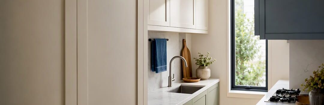 Small kitchen with light colorful cabinets