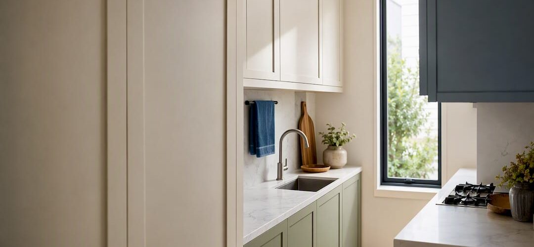 Small kitchen with light colorful cabinets