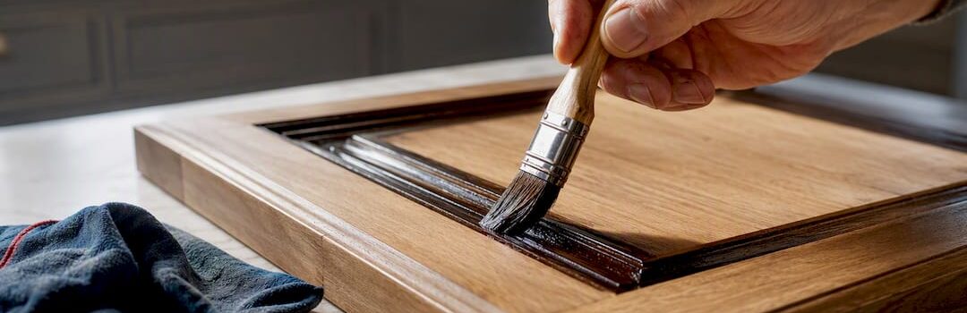 Hand applying glaze to cabinet detail