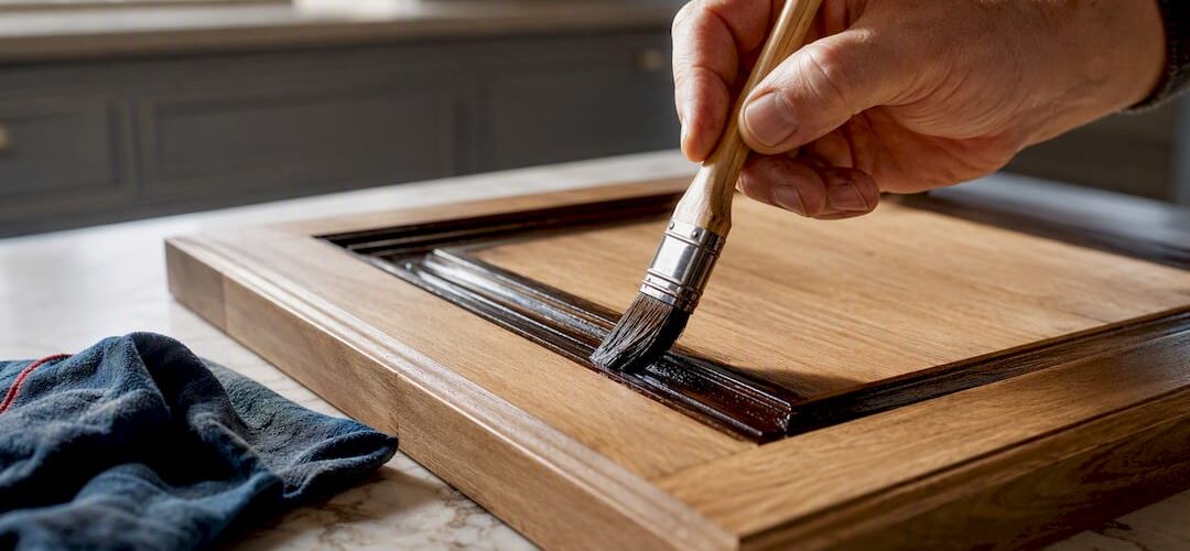 Hand applying glaze to cabinet detail