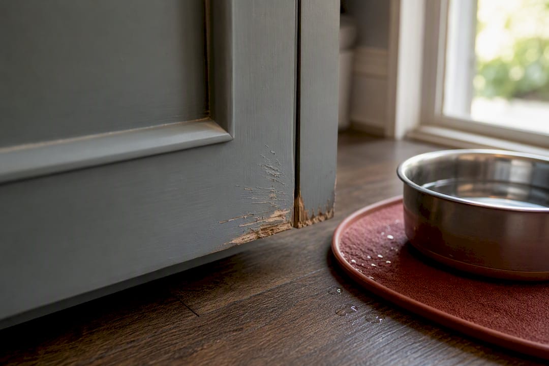 Scratched cabinet edge beside pet bowl