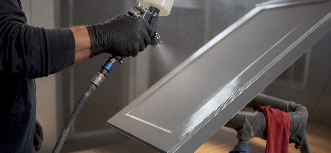Refinisher spraying cabinet door in workshop
