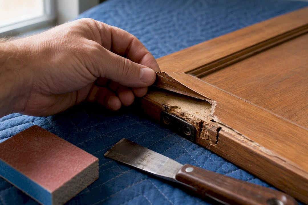 Refinisher inspecting loose cabinet veneer