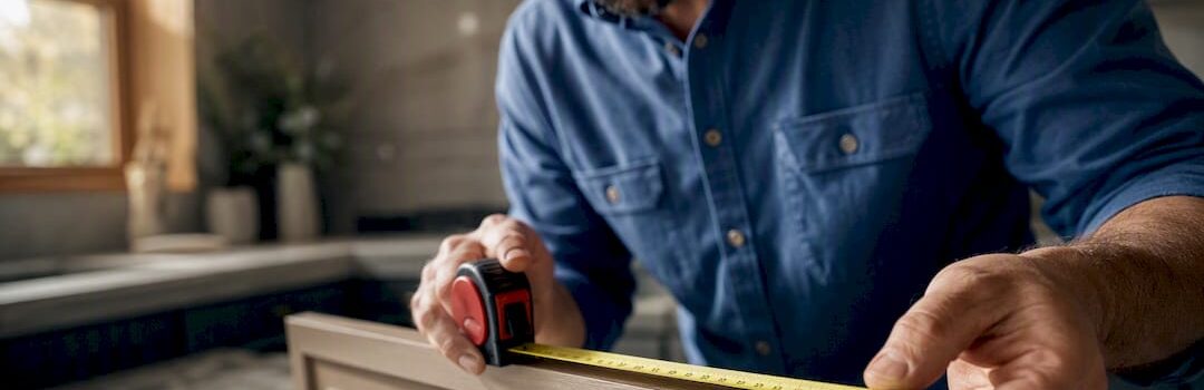 Contractor measuring cabinet door edge
