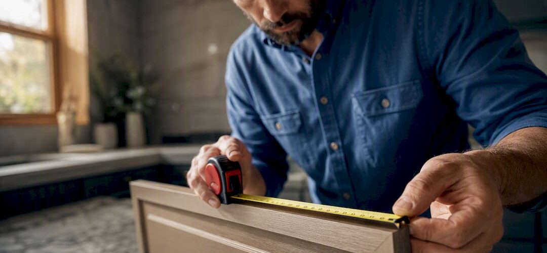 Contractor measuring cabinet door edge