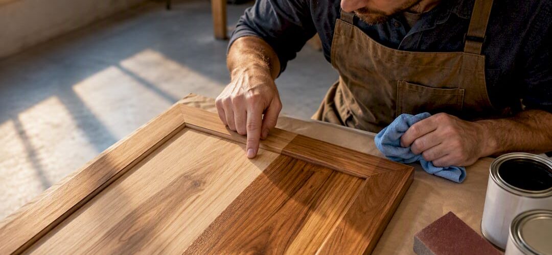Hickory cabinet finish test showing contrasting wood grain