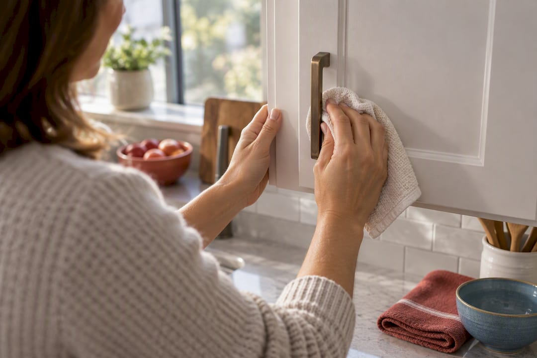 Hands cleaning a painted cabinet near handle