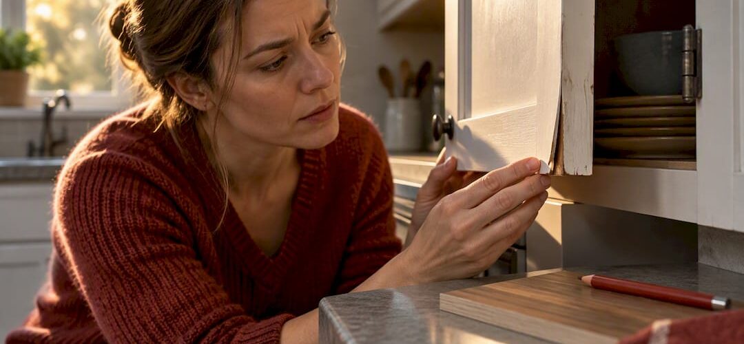 Homeowner inspecting a warped cabinet door