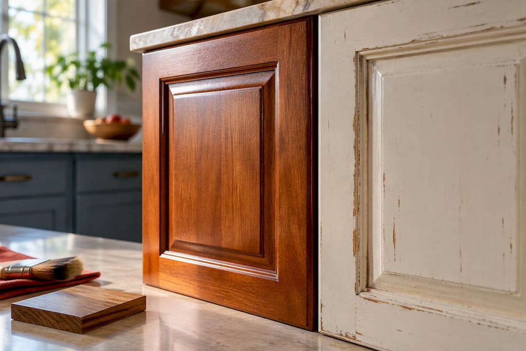 Worn and refinished cabinet surfaces