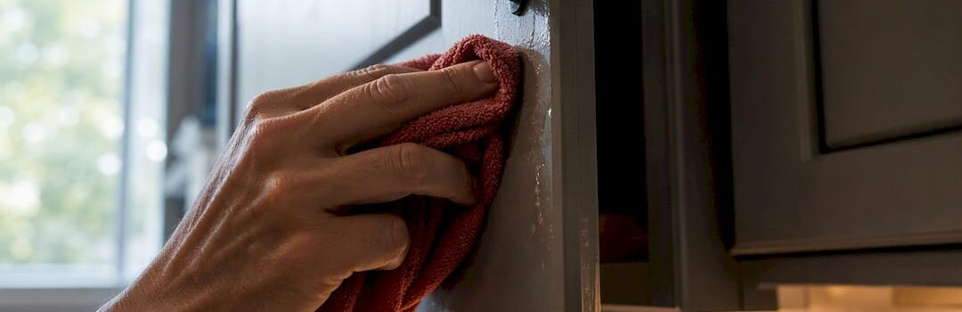 Hand wiping sticky cabinet door residue