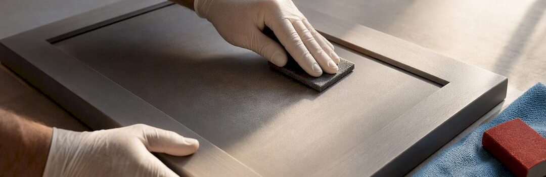 Hands preparing melamine cabinet surface for painting