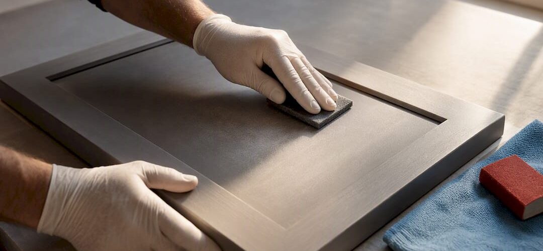 Hands preparing melamine cabinet surface for painting