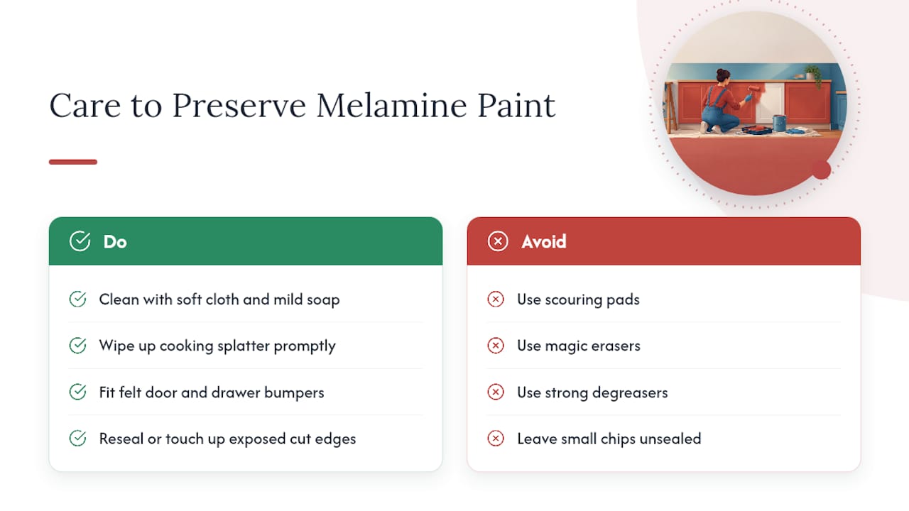 Long-term maintenance and care advice to preserve paint durability on melamine surfaces — overview diagram