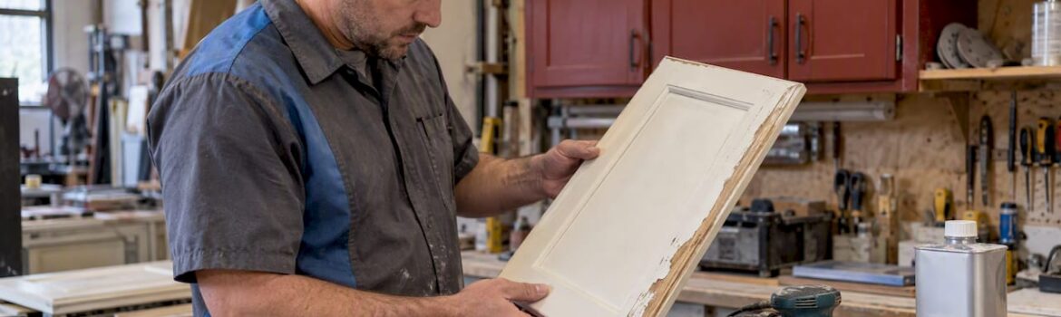 Technician inspecting failed cabinet finish